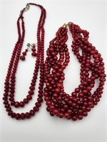 2 Carnelian Glass Necklaces w/ Clip Earrings