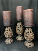 3 PILLAR CANDLESTICKS W/ CANDLES