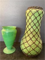 Antique green stoneware and glass vases