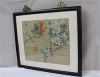 Framed Asian watercolour on silk, 19.25 X 17.25"H