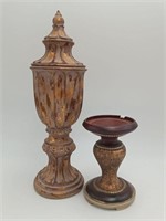 Antique Wood Carved Decorative Jar & Candle Holder