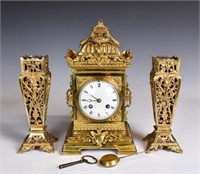 3Pcs French Bronze Clock & Candle Holder Set 19thC