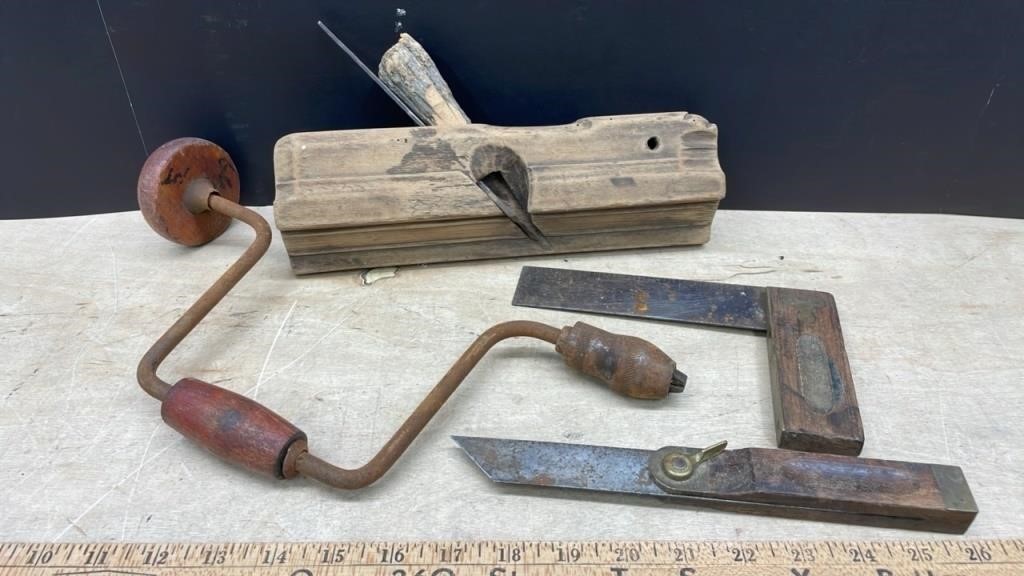 Antique Hand Tools - Moulding Plane, Drill &