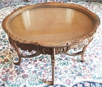 French Carved Coffee table, Glass Tray Top