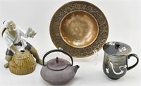 East Asian Fisherman Figure, Mug & Plate, Teapot