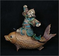 Chinese Pottery Roof Tile Warrior With Fish
