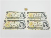 4 billets de 1$ du Canada, 1973 de série -