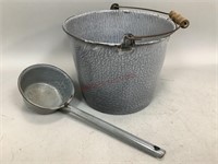 Grey Speckled Enamelware Bucket and Ladle