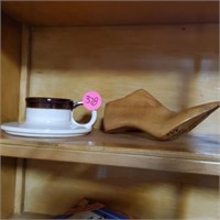 SHOE (WOOD) LAST AND CUP AND SAUCER