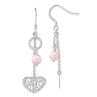 Silver- Cultured Pearl Dangle Heart Earrings