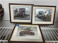 Set of 3 Vintage Foil Art of Early Automobiles