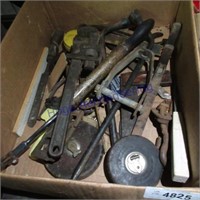 Assorted tools, pipe wrench, tire iron