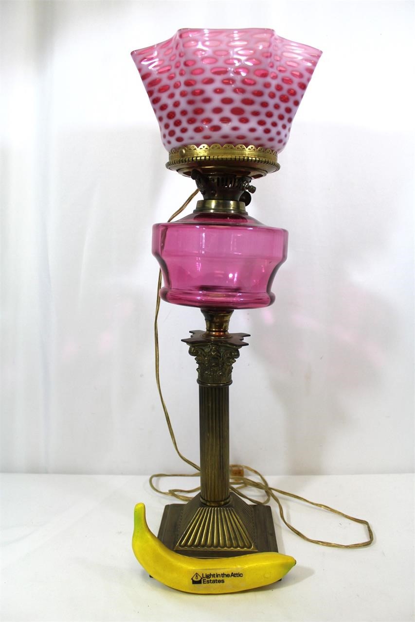 Victorian-Era Cranberry Coin Dot Brass Parlor Lamp