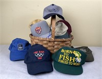 Assorted Hats and Baseball Caps in Basket