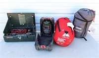 OUTDOOR COLEMAN GRILL, LANTERN AND 2 SLEEPING BAGS