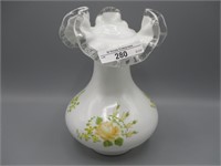 Fenton 8" silver crest HP vase w/ roses - Burton