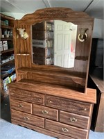 Wooden Dresser and lighted hutch top