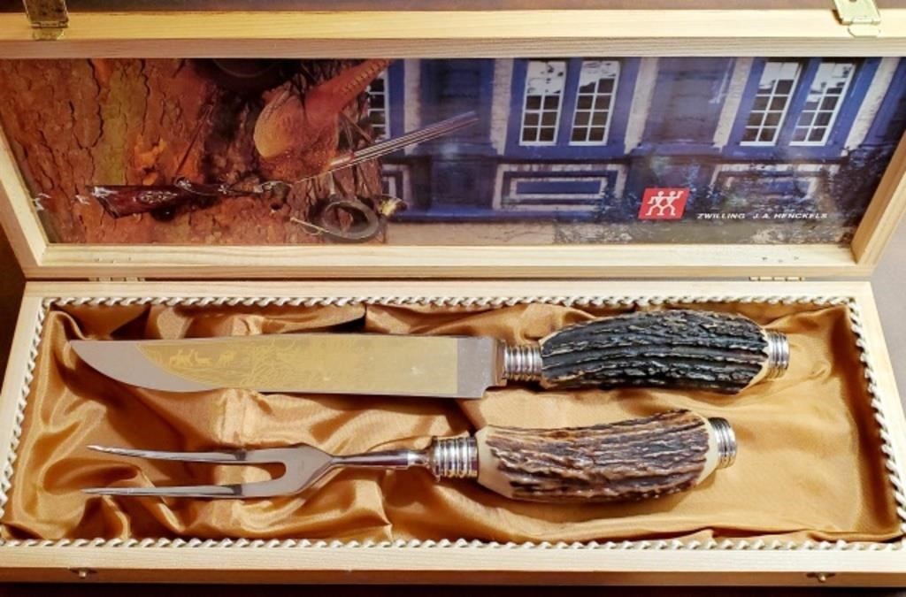 J A Henckels Carving Set, Knife w Elk Wilderness Blade Etch +
