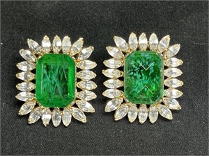 VTG Kenneth Lane Rhinestone & Green Clip Earrings
