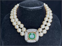 Les Bernard Faux Pearl & Green Crystal Necklace