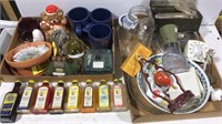 BOTTLES, MUGS, GLASS PAPER WEIGHT, FIGURINES, AND