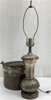 Vintage Tinned Copper Bucket & Lamp