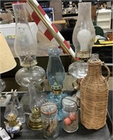 Oil Lamps, Wicker Wine Bottle, Mason Jars.