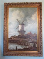 Gilt-Framed Dutch Windmill Scene Oil on Canvas