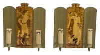 (2)MJOLBY INTARSIA FIGURAL MARQUETRY LIGHT SCONCES