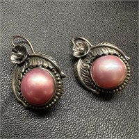 Sterling Silver Ornate Pink Pearl Earrings
