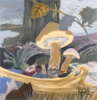 LARGE LEE REYNOLDS PAINTING WITH GIANT MUSHROOMS
