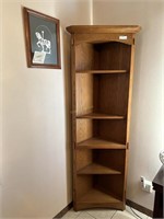 Five shelf oak corner bookcase with Carousel horse