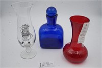 Ruby red vase, cobalt blue bottle with glass