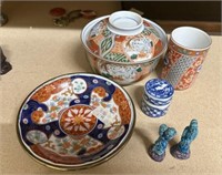 Imari Style Plates, Rice Bowl, cup, and Blue Potte