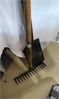 Garden rake and flat shovel