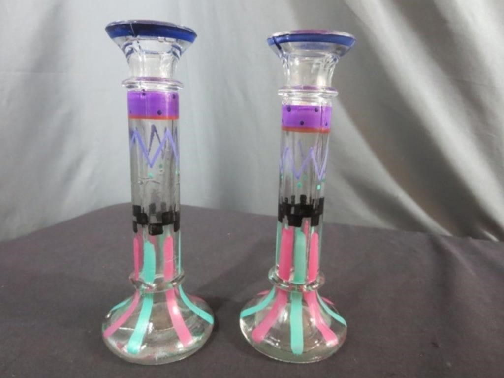 *VTG Hand Painted Glass Pair of Candlesticks 1980