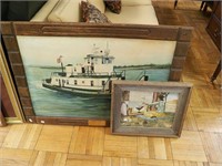Two framed pieces of art: tugboat The Arkansas by