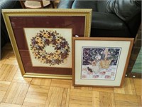 Two framed prints: limited edition of quilt, doll