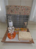 Tray of jewelry boxes, perfume, glass tray