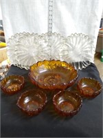 Amber glass salad bowl set 4 clear luncheon plates