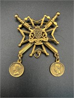 France Lion Swords brooch with two dangling coin.