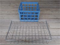 F1) Metal Storage Basket and Blue Crate, crate has