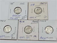 5 Silver Mercury Dimes '44-'45