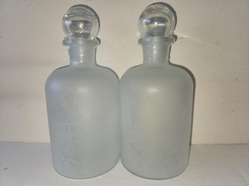2 frosted glass decanters apothecary herbs and