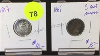 1857 SEATED LIBERTY DIME & 1865 3 CENT NICKLE