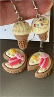 2 pair dessert earrings, ice cream cones and