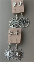4 pr earrings, tree of life, leaves, starfish,