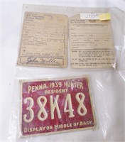 1939 Pennsylvania Hunters License & Tag