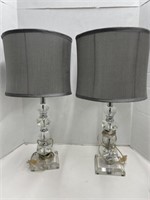 Pair of Crystal Base Lamps with Grey Shades, 22 "