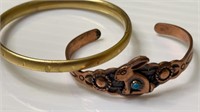 Baby bracelets, one gold tone bangle, one copper